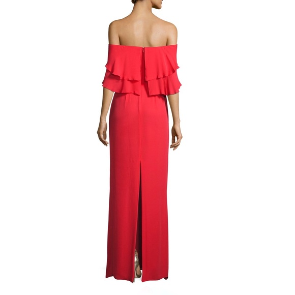 Helen Tiered Off-the-Shoulder Silk Gown, Coral - Picture 2 of 4